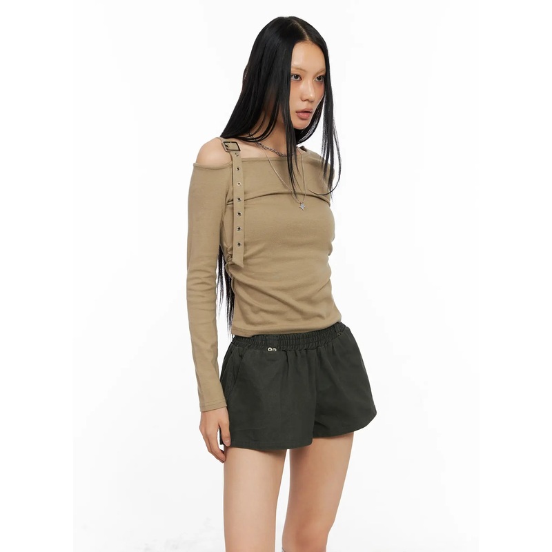 Asymmetric Strap Long Sleeve Top CO529 Beige S/M