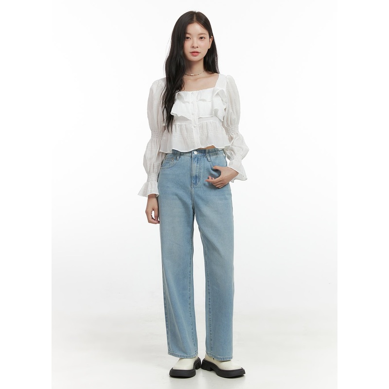 Marlo Washed Cotton Straight Jeans OS423 Light blue S(Length-S)