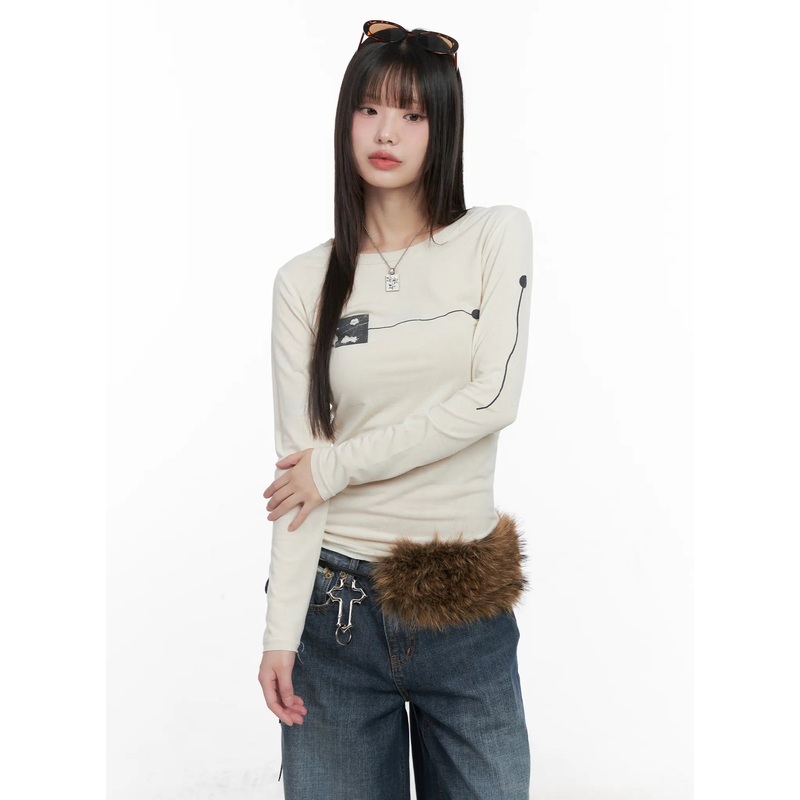 U-Neck Graphic Long Sleeve CN510 Light beige S/M