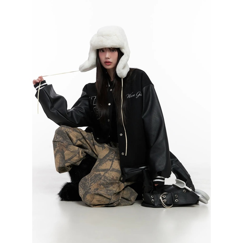 Wave Girl Oversized Varsity Jacket CN510 Black M/L