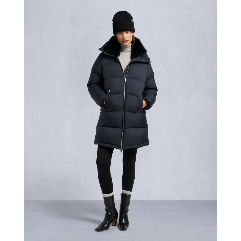 BELLE DUNE LONG SHEARLING TRIM PUFFER NAVY XXS