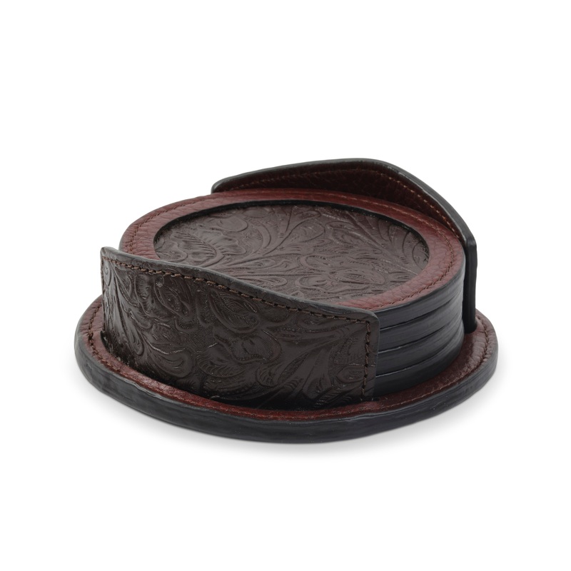 Tooled Leather Coaster Set CHOCOLATE