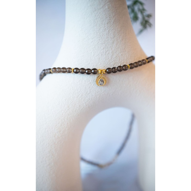 Twisted Baubles – Smoky Quartz Beaded with Gold Charm Necklace