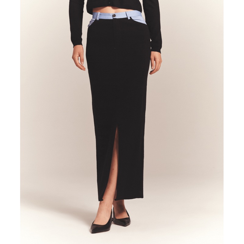 Cotton Cashmere Mixed Media Midi Skirt Black XS