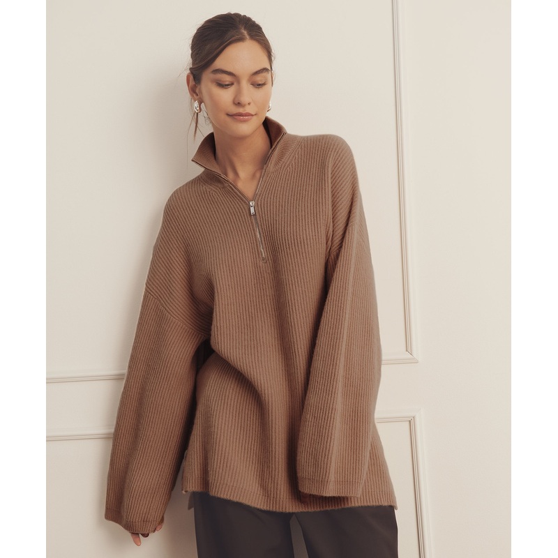 Luxe Cashmere Fisherman Quarter Zip Tunic Dark Camel XXS