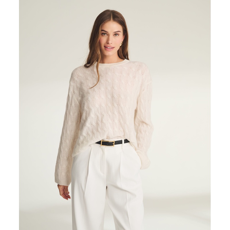 Lightweight Cashmere Cable Oversized Crewneck Sweater White XXS