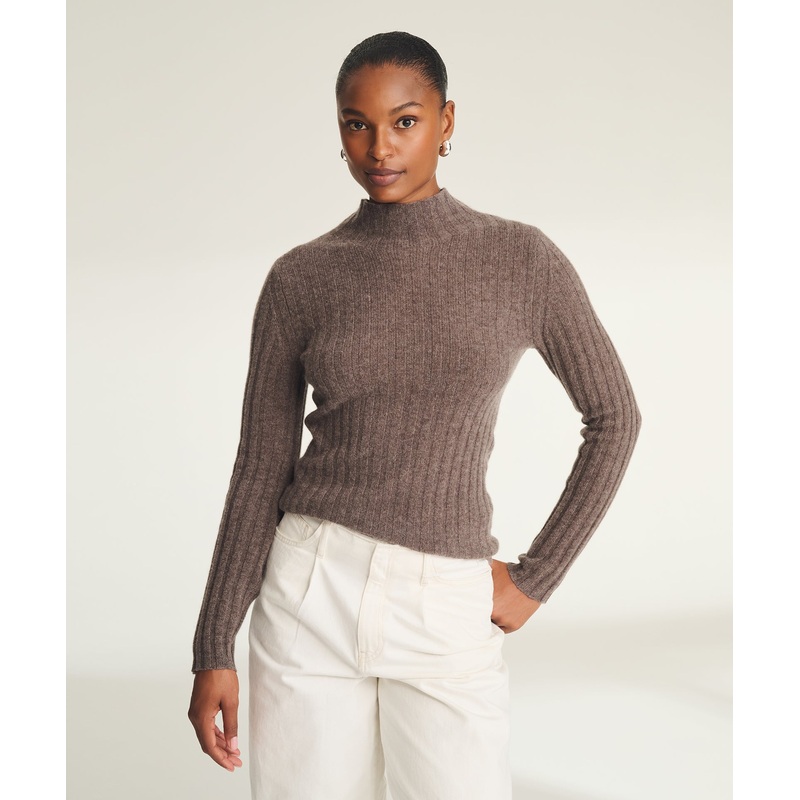Lightweight Cashmere Ribbed Mockneck Sweater Cacao XXS