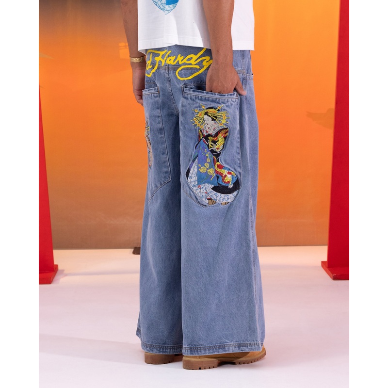Ed Hardy Ultra Wide Leg Denim Jeans Light Wash Blue 28