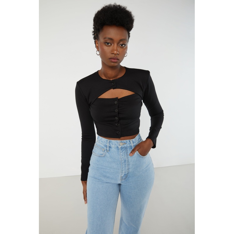 BUTTON UP CUT OUT TOP Black Small