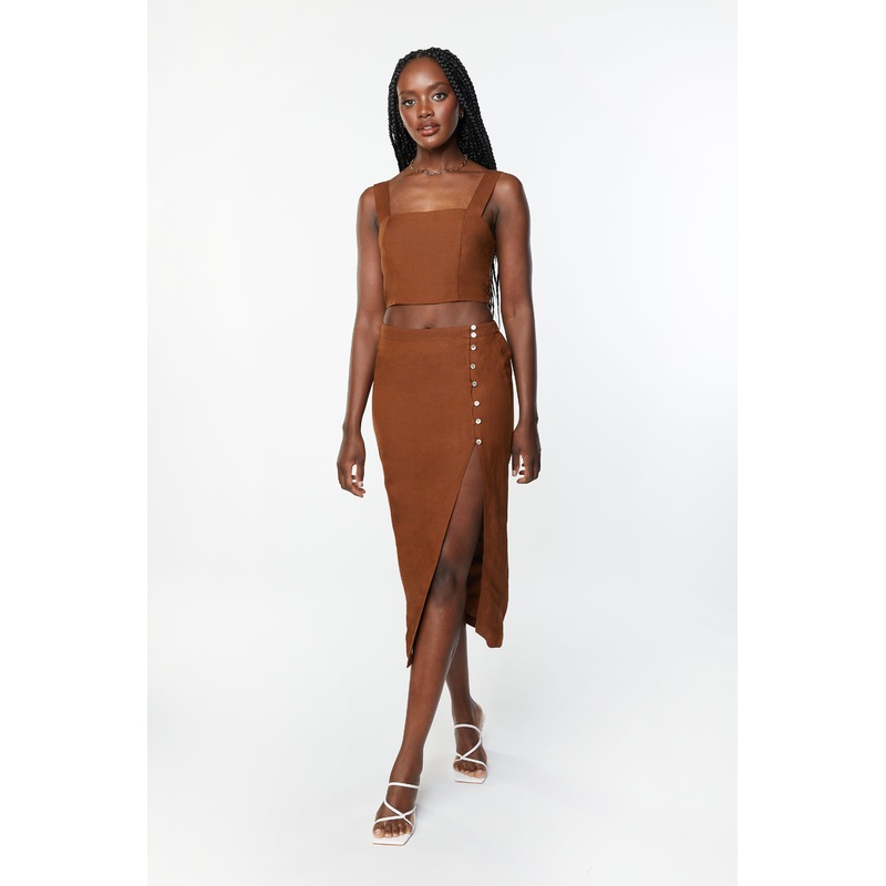 BUTTON UP MIDI SKIRT Teak Extra Small