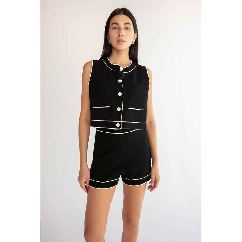 BUTTON UP SWEATER VEST Black Cream Double Extra Small