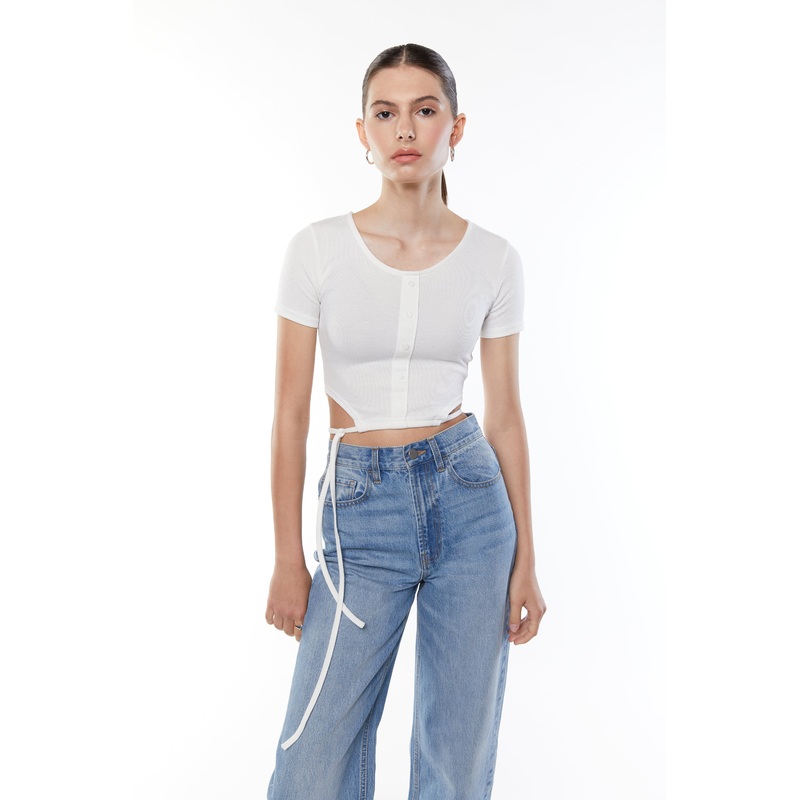 BUTTON UP TEE WITH HEM TIES White Small