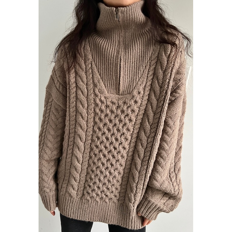 CABLE KNIT HALF ZIP Taupe Grey Extra Extra Small Extra Small