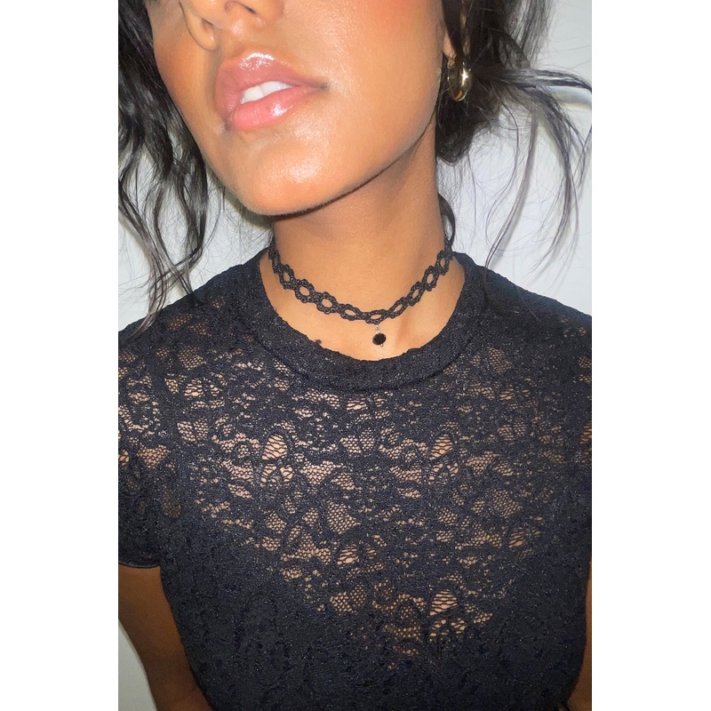BLACK LACE TIE NECKLACE Black One Size