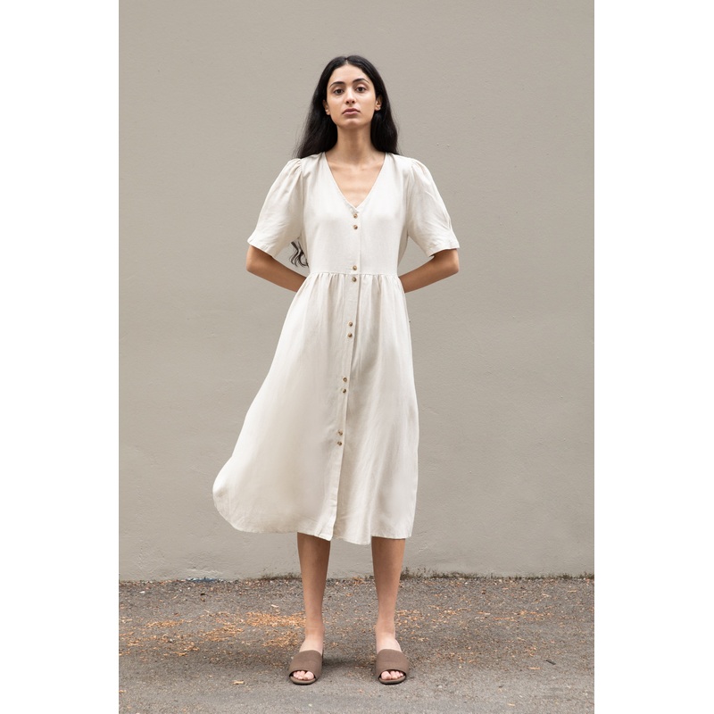 BUTTON FRONT MIDI DRESS Beige Small