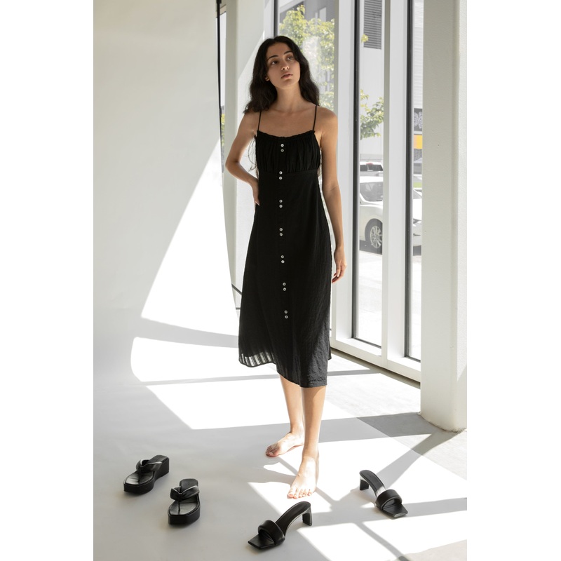 BUTTON FRONT MIDI DRESS Black Extra Small