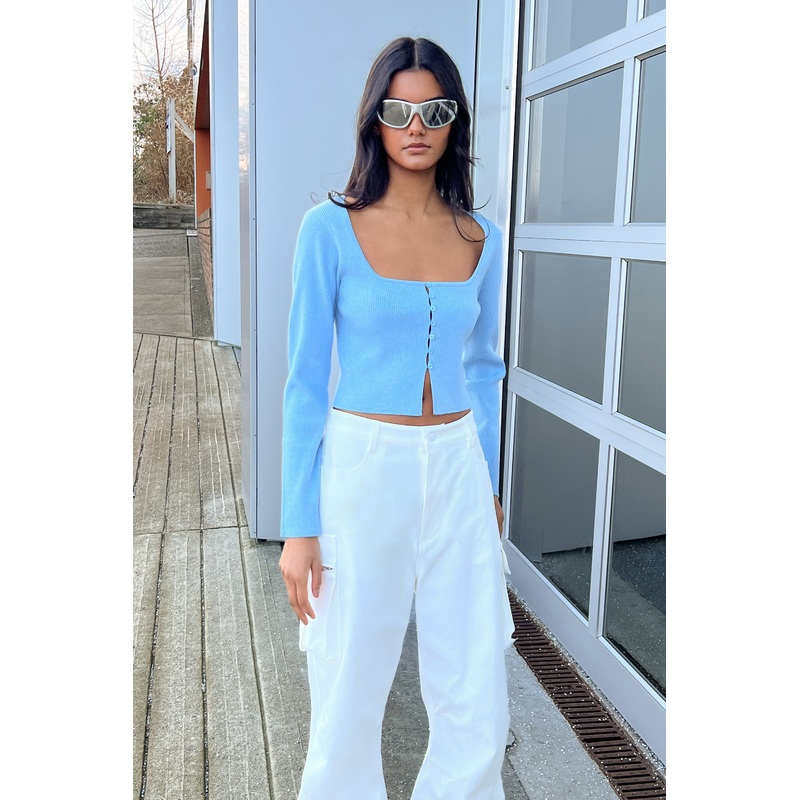 SQUARE NECK BUTTON FRONT SWEATER Powder Blue Double Extra Small