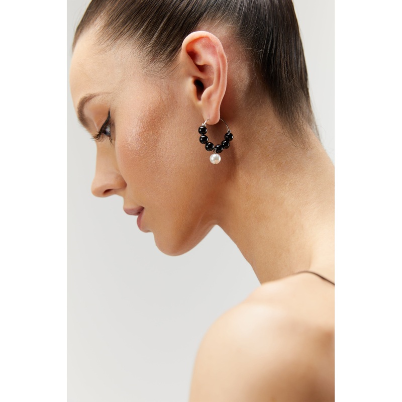 BEADED HOOP EARRING Black One Size