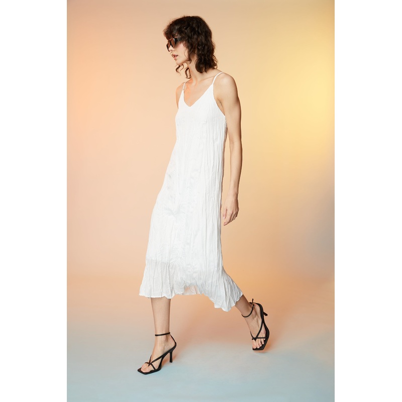 V-NECK CRINKLED MIDI DRESS White Small