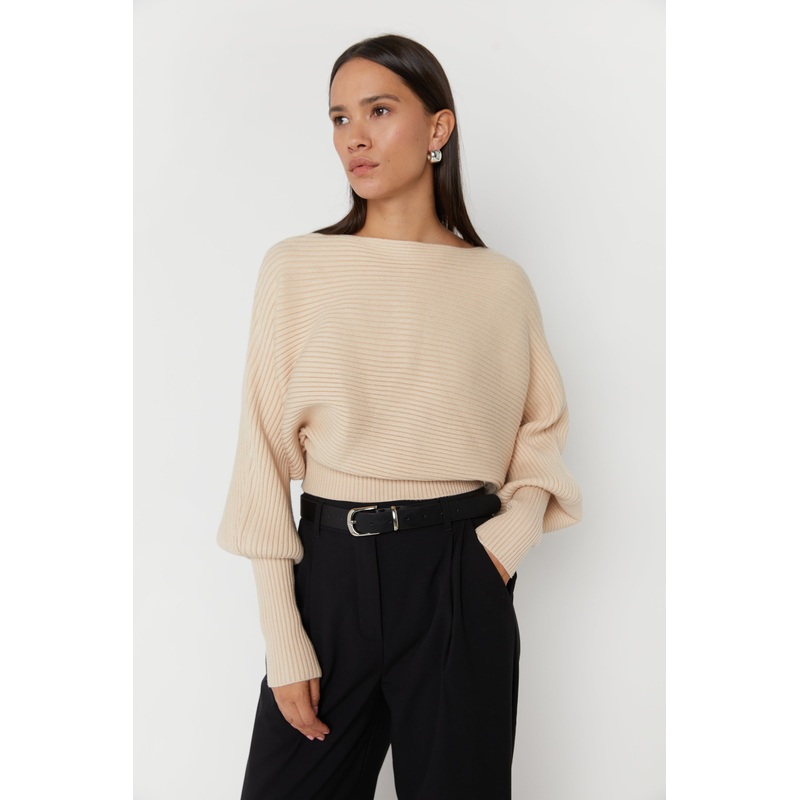 CROPPED RIBBED SWEATER Beige Double Extra Small