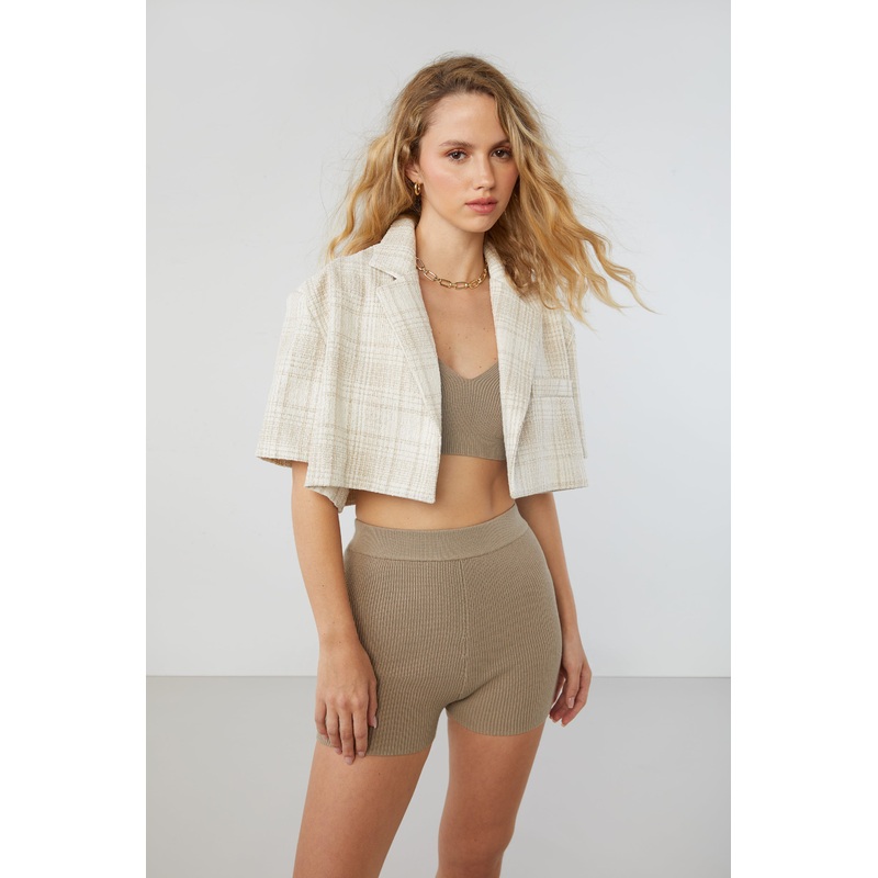 CROPPED TWEED JACKET Beige Plaid Small