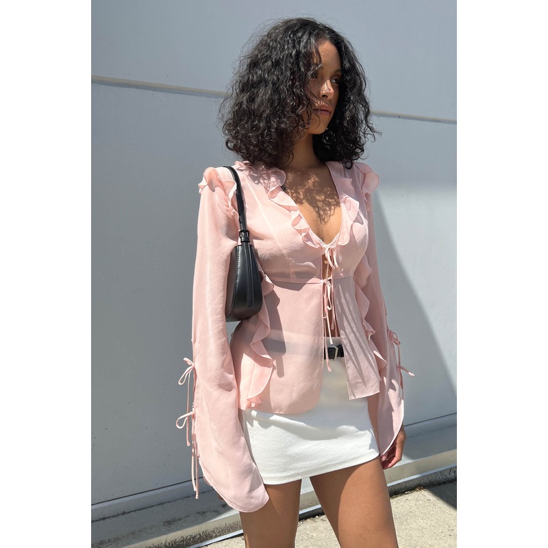 CHIFFON RUFFLED BLOUSE WITH TIES Black Extra Small