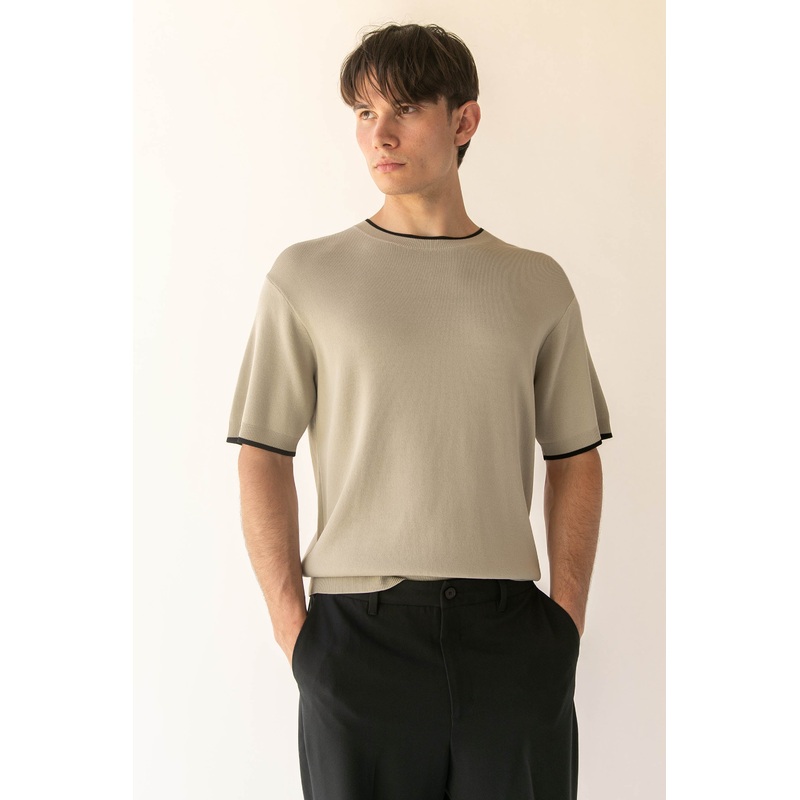 CONTRAST TRIM SHORT SLEEVE SWEATER Moss Grey Black Extra Small