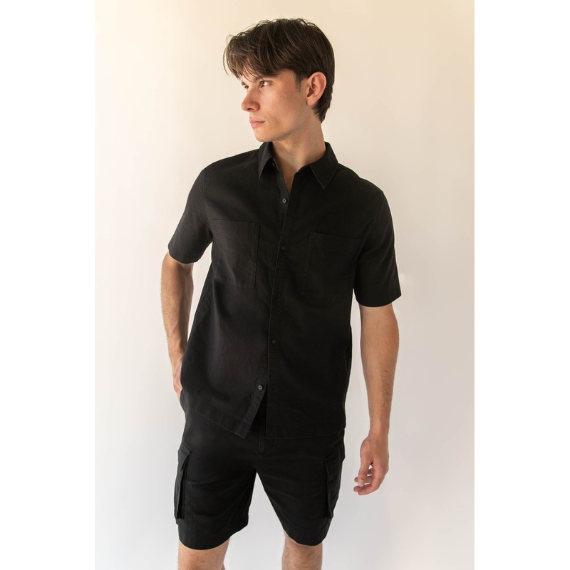 COTTON LINEN CARGO SHORT SLEEVE SHIRT Black Extra Small