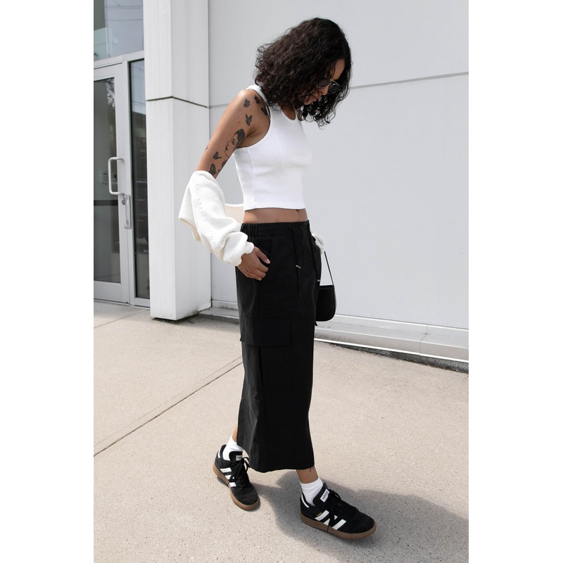 COTTON NYLON MIDI CARGO SKIRT Black Double Extra Small