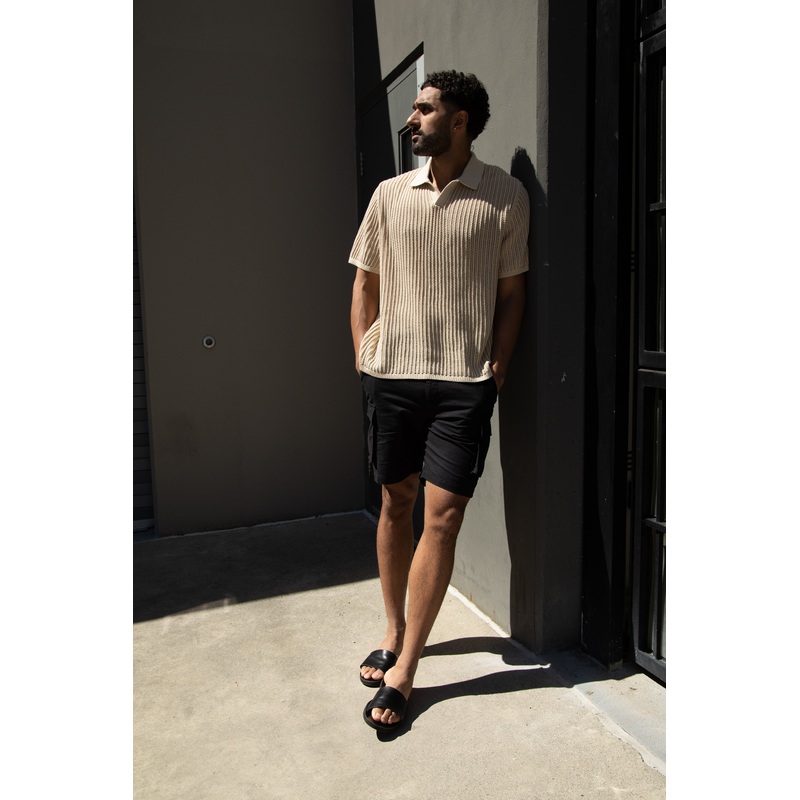 CROCHET COLLARED SHORT SLEEVE SWEATER Rocky Road Extra Small