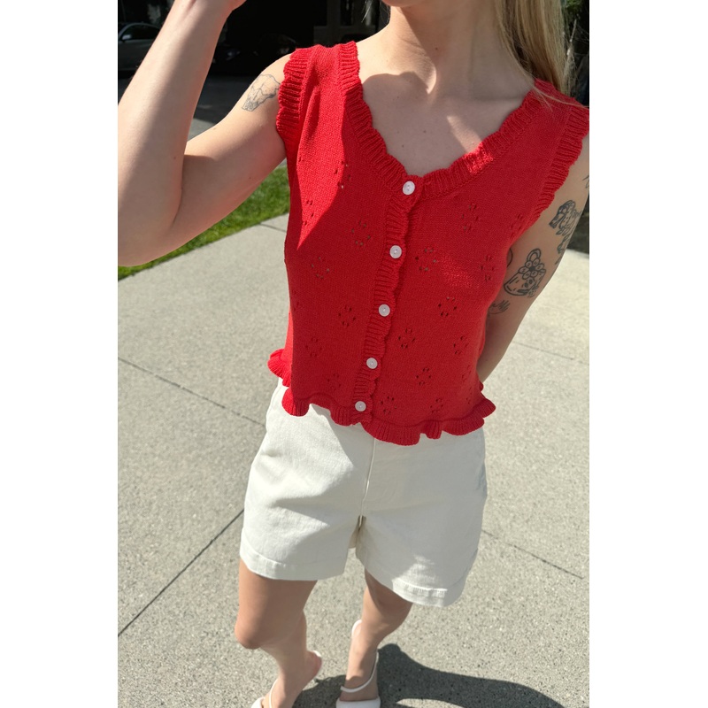CROPPED SCALLOPED KNIT TANK Red Extra Small