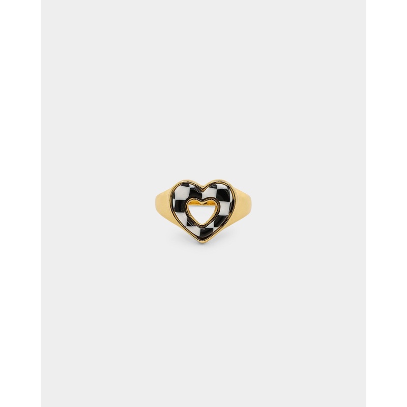 Raising Hell Checkered Heart Ring Gold/Black 6