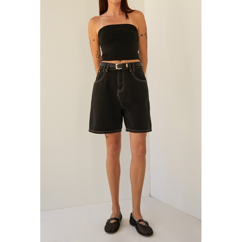 DENIM SHORTS WITH LEATHER BELT Black Extra Small