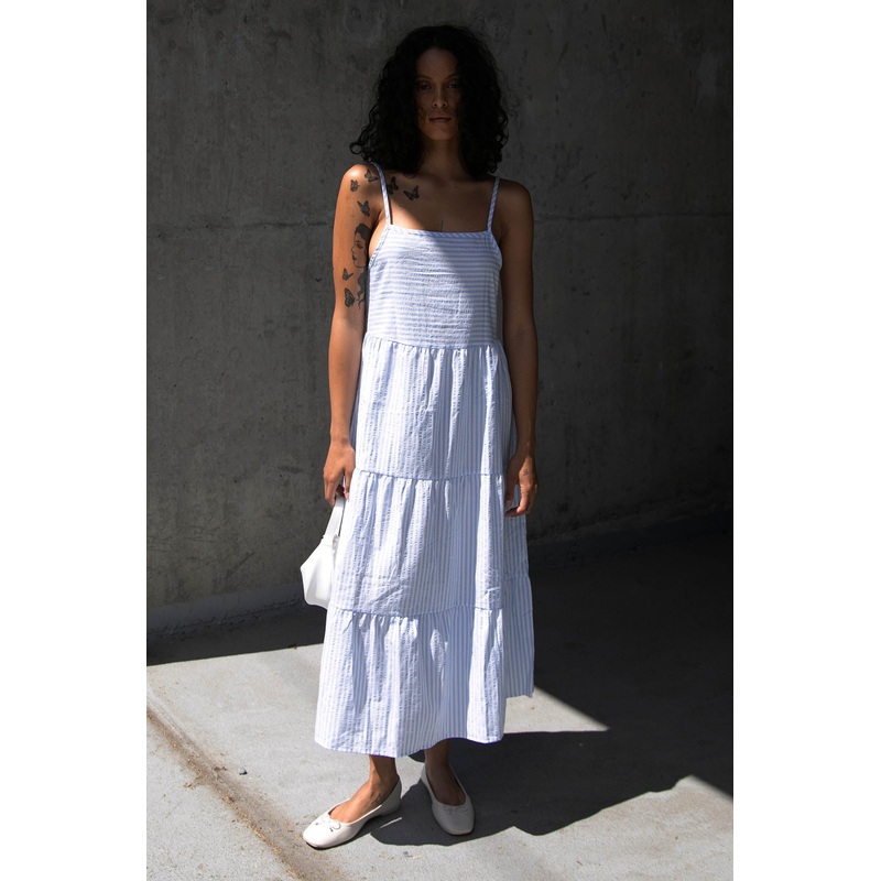 STRIPED TIERED MIDI DRESS Blue Stripe Extra Small
