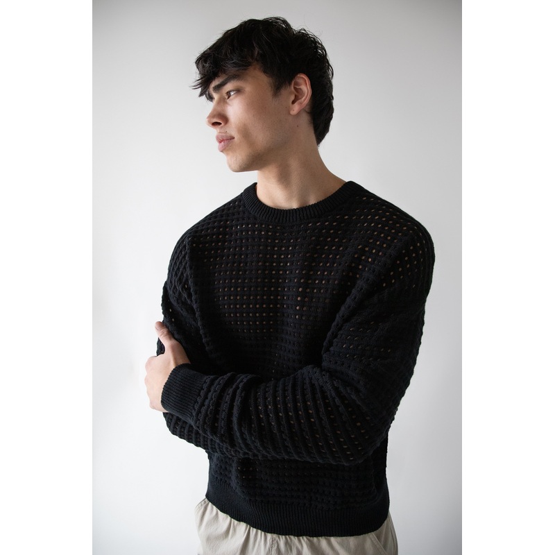 CREWNECK OPEN KNIT SWEATER Black Extra Small