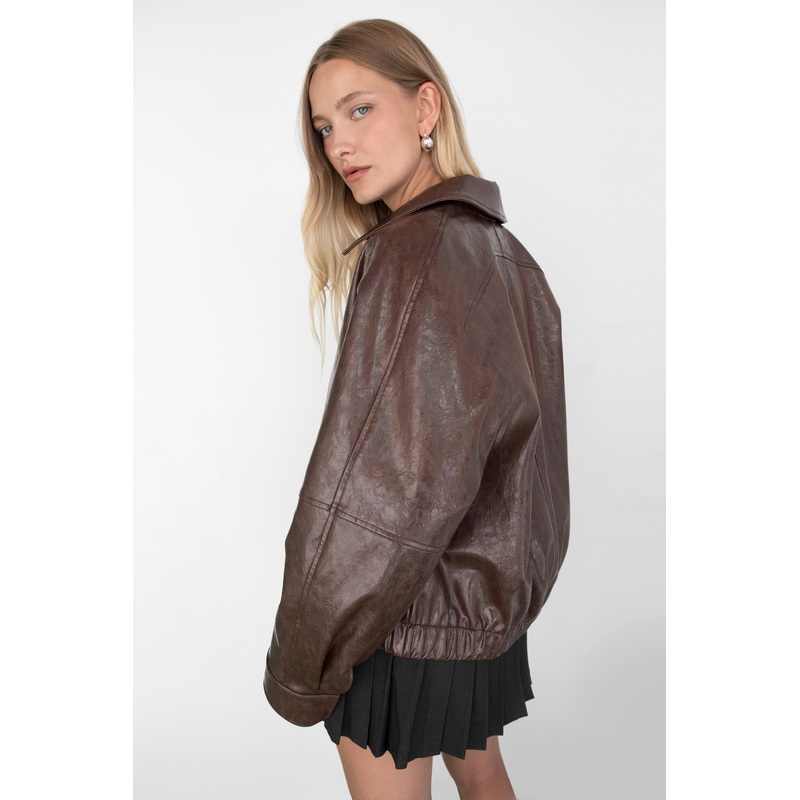 DISTRESSED VEGAN LEATHER BOMBER JACKET Dark Cocoa Double Extra Small