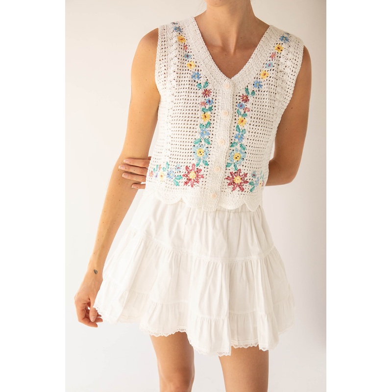 FLORAL EMBROIDERED CROCHET VEST White Extra Small