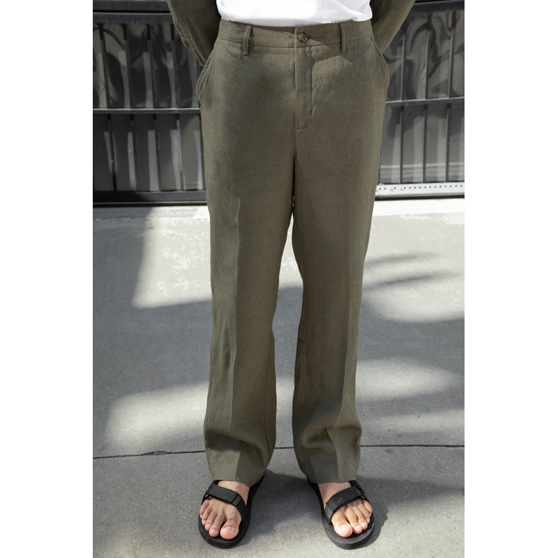 100% LINEN STRAIGHT LEG PANT Burnt Olive 28