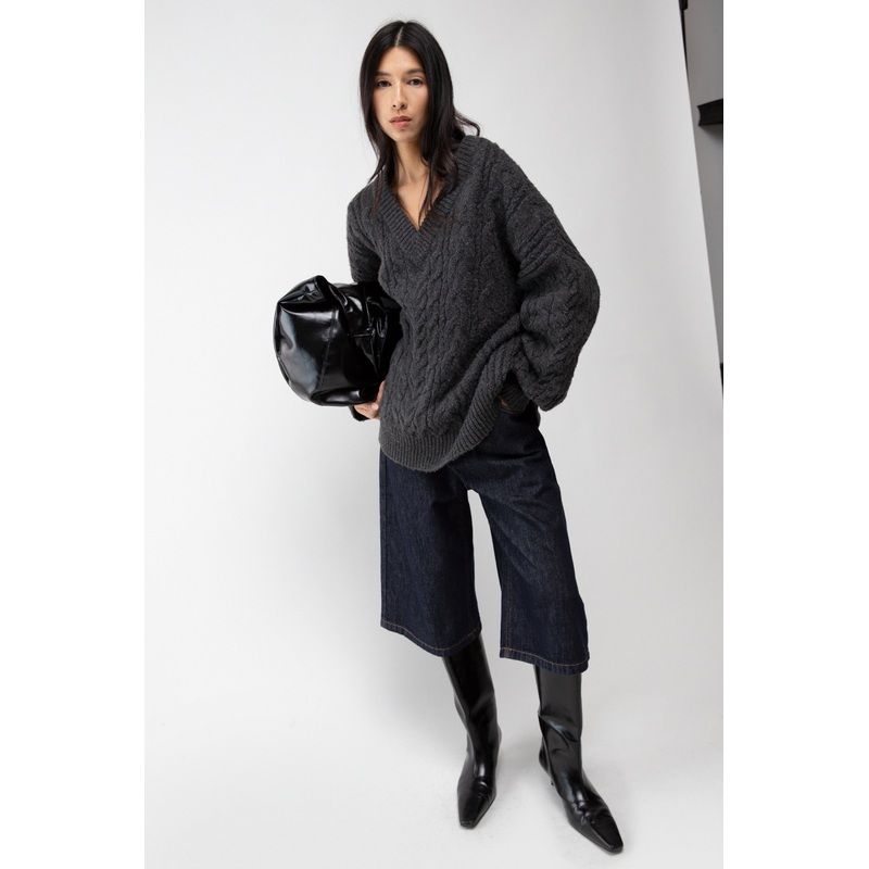 CABLE KNIT V-NECK SWEATER Oatmeal Extra Extra Small Extra Small