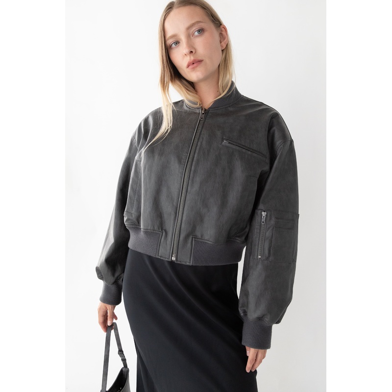 CROPPED VEGAN LEATHER BOMBER JACKET ASPHALT Double Extra Small