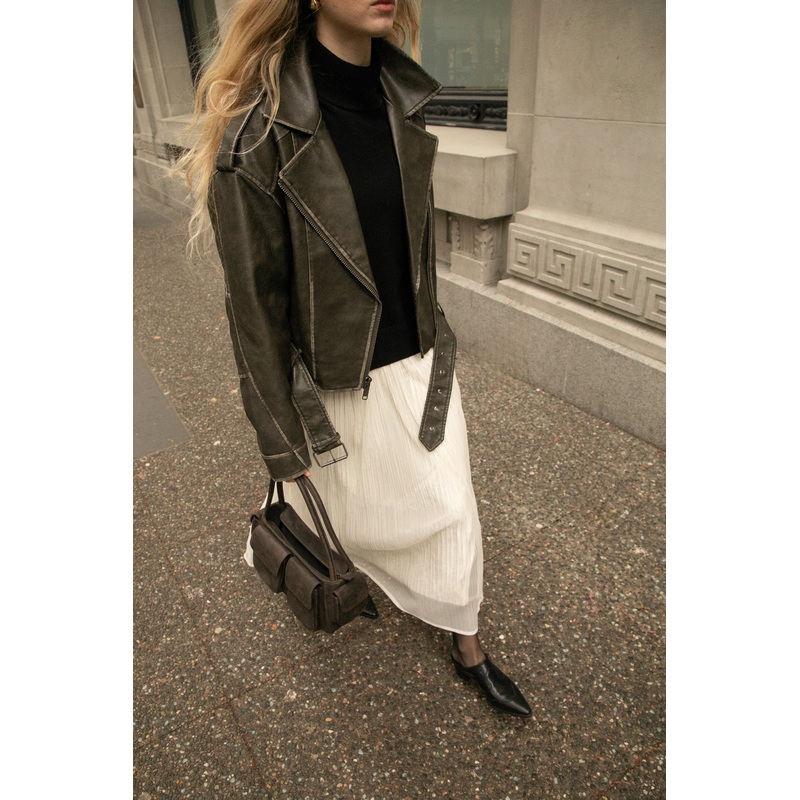 CROPPED VEGAN LEATHER MOTO JACKET Vintage Black Extra Small