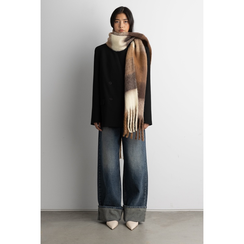 PATTERNED SCARF WITH TASSELS Almond Brown Check One Size