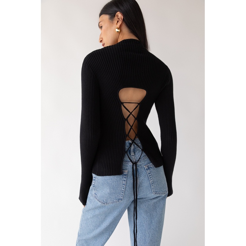 RIBBED SWEATER WITH TIE-BACK DESIGN Black Double Extra Small