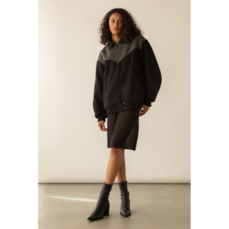 WESTERN INSPIRED WOOL-BLEND BOMBER JACKET Black Gunmetal Double Extra Small