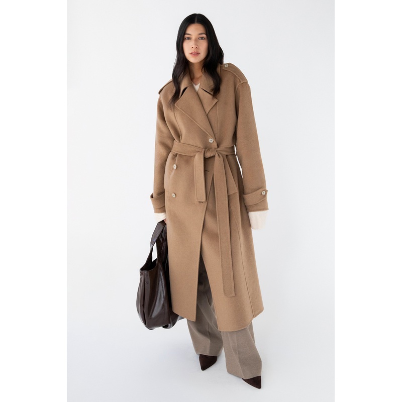 BRUSHED WOOL-BLEND BELTED COAT Malt Ball Double Extra Small
