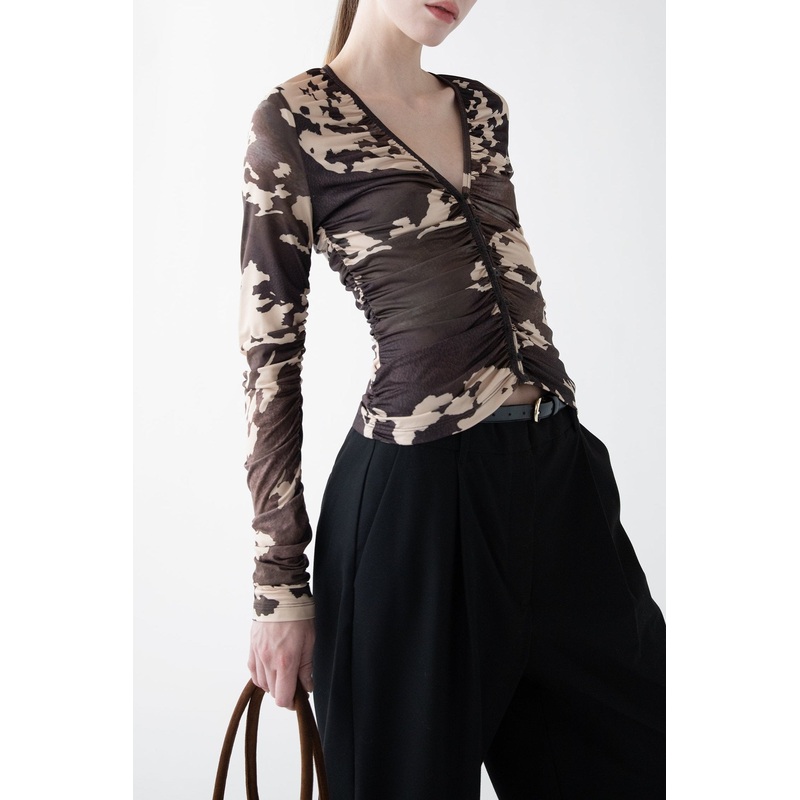 BUTTON FRONT V-NECK LONG SLEEVE TOP Black Double Extra Small