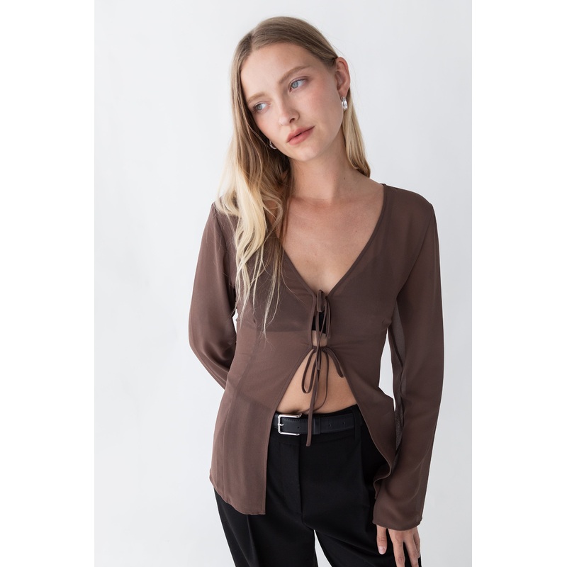 CHIFFON TIE FRONT BLOUSE Dark Cocoa Extra Small