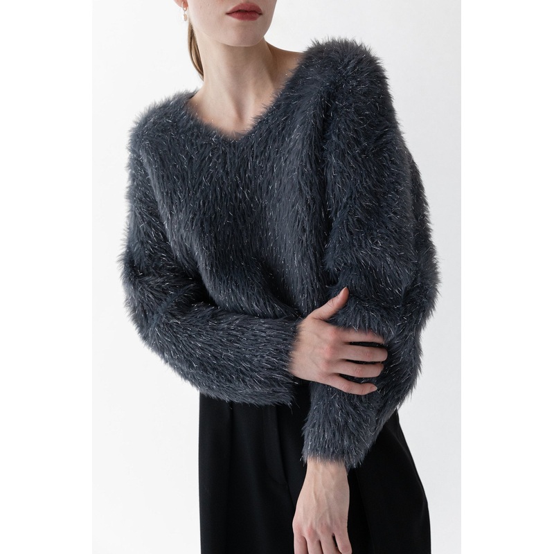 FUZZY METALLIC TINSEL SWEATER MEDIUM GREY Extra Small