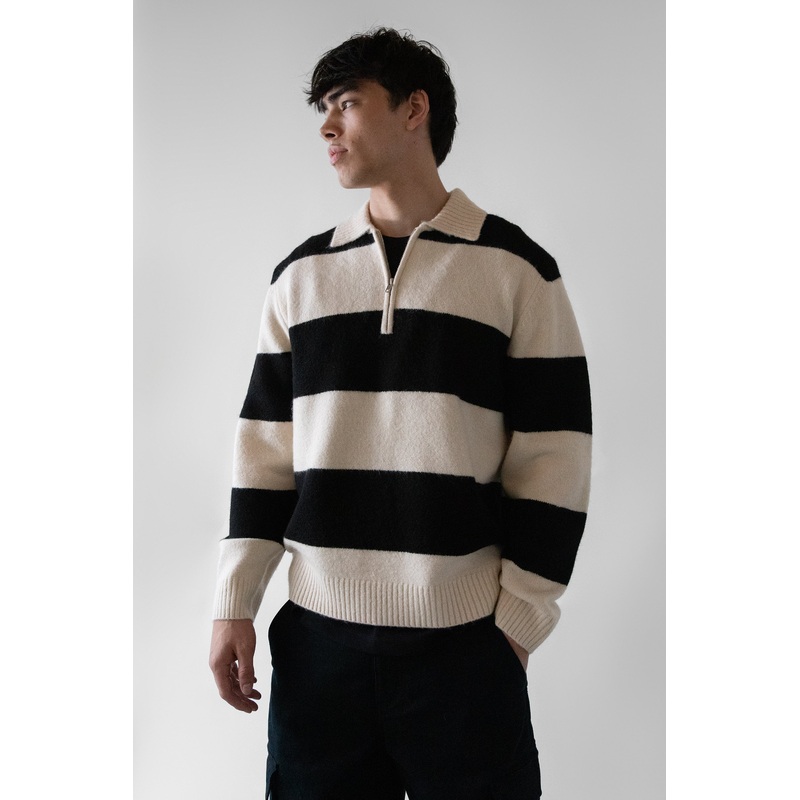 STRIPED RUGBY POLO SWEATER Heather Asphalt Brown Extra Small