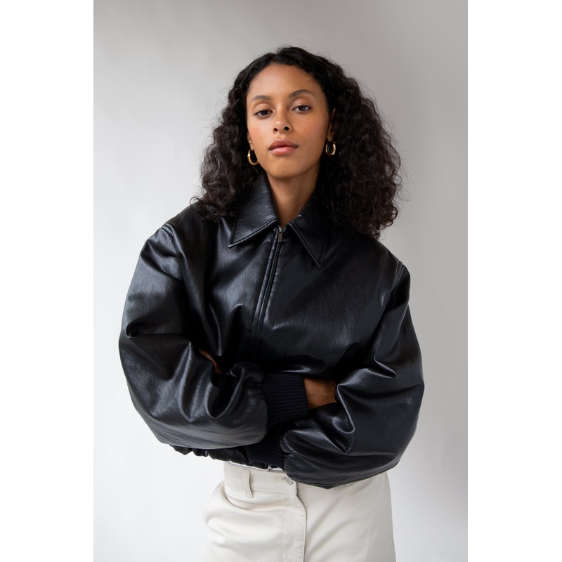VEGAN LEATHER BUBBLE HEM BOMBER JACKET Black Extra Small